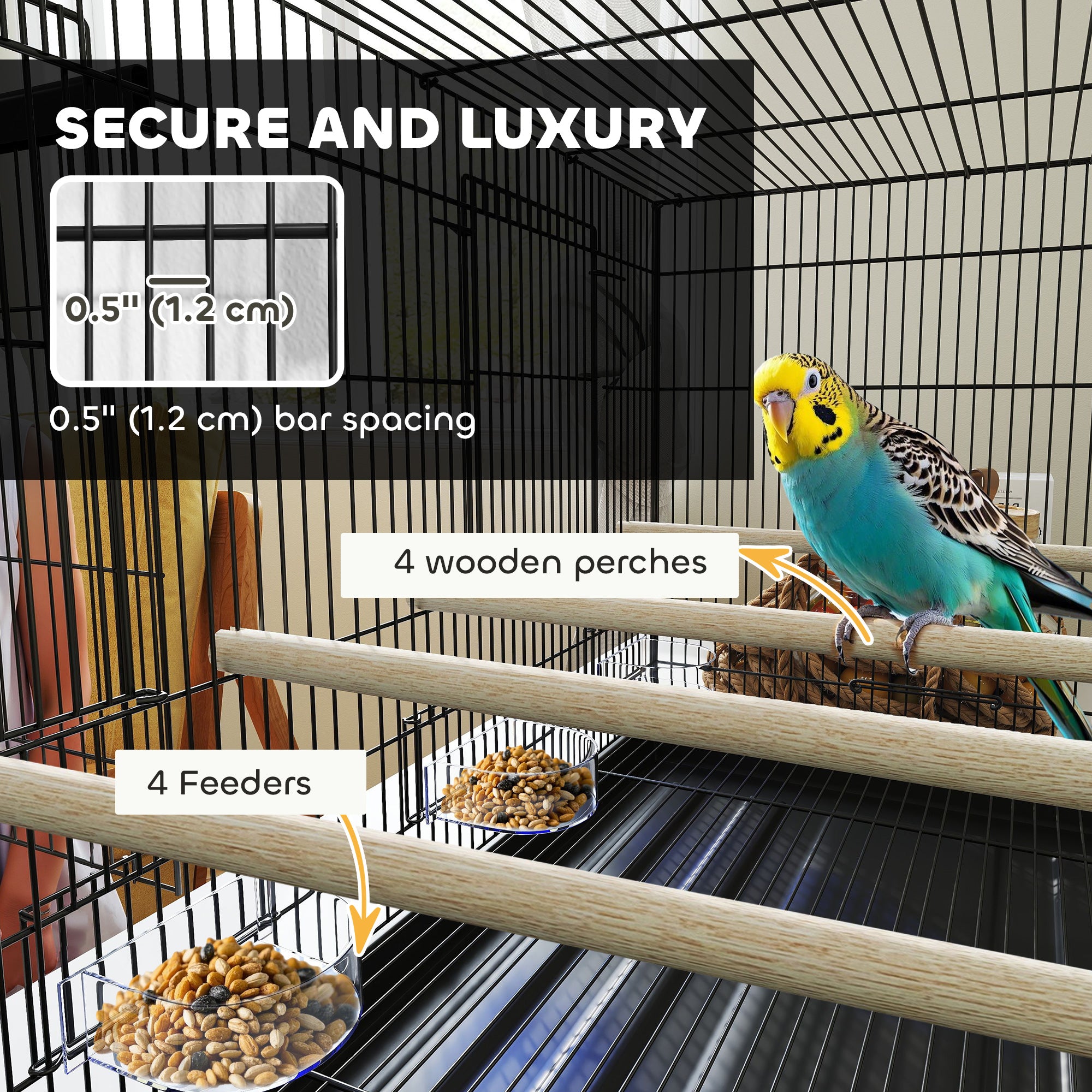 18" H Bird Cage, Large Parakeet Cage for Budgie, Lovebird, Canary, Finches with Divider, Black