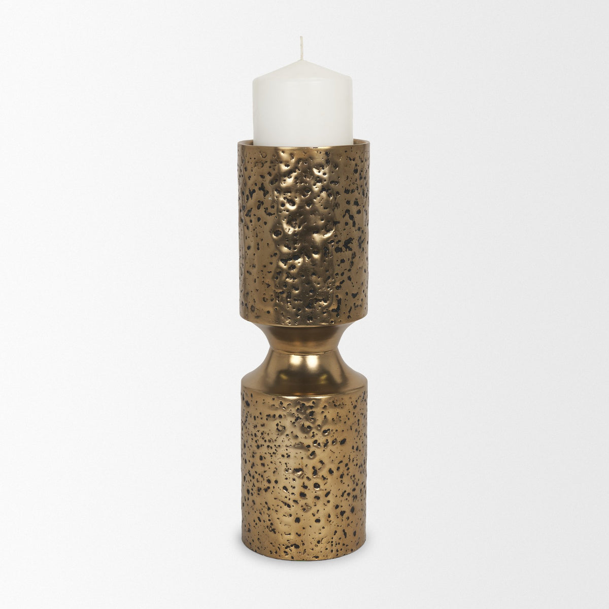 Akira Large Hammered Gold Metal Pillar Candle Holder-Table Candle Holders-DECOROLALA
