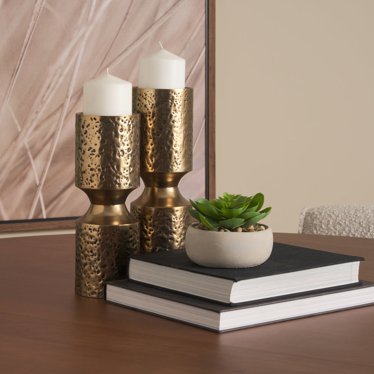Akira Large Hammered Gold Metal Pillar Candle Holder-Table Candle Holders-DECOROLALA