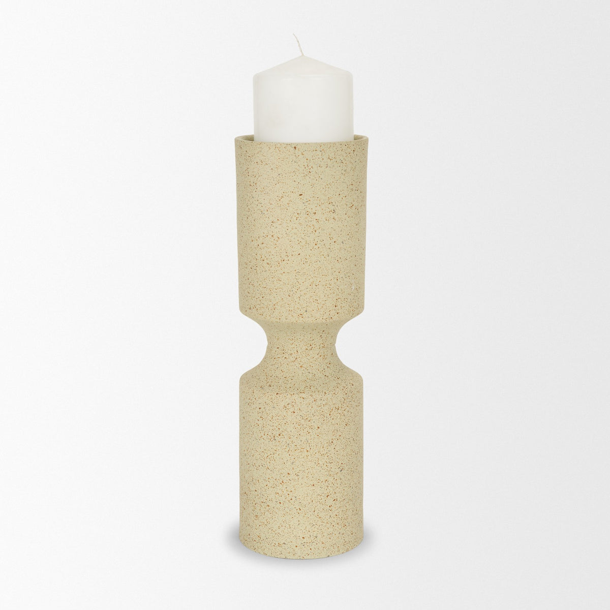 Akira Large Textured Beige Metal Pillar Candle Holder-Table Candle Holders-DECOROLALA