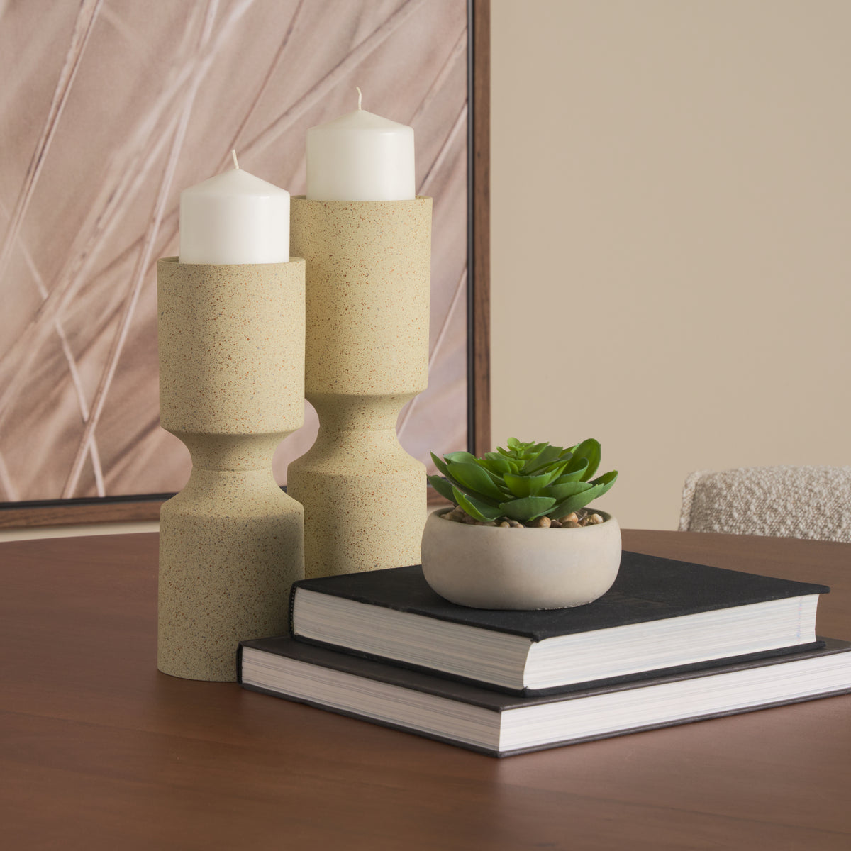 Akira Large Textured Beige Metal Pillar Candle Holder-Table Candle Holders-DECOROLALA