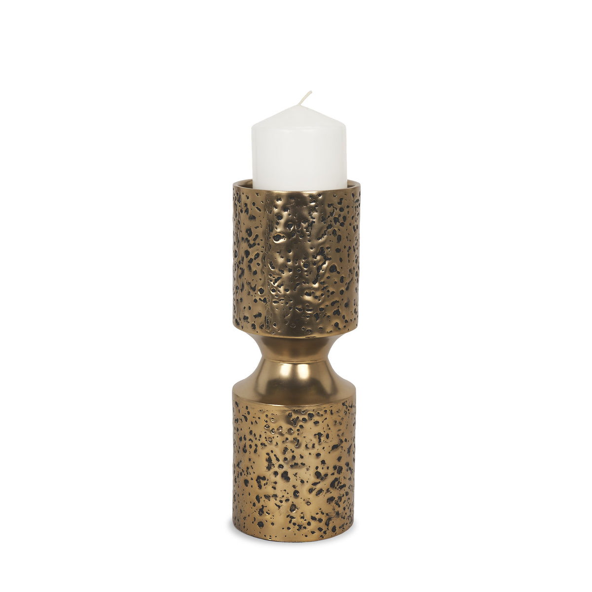 Akira Small Hammered Gold Metal Pillar Candle Holder-Table Candle Holders-DECOROLALA