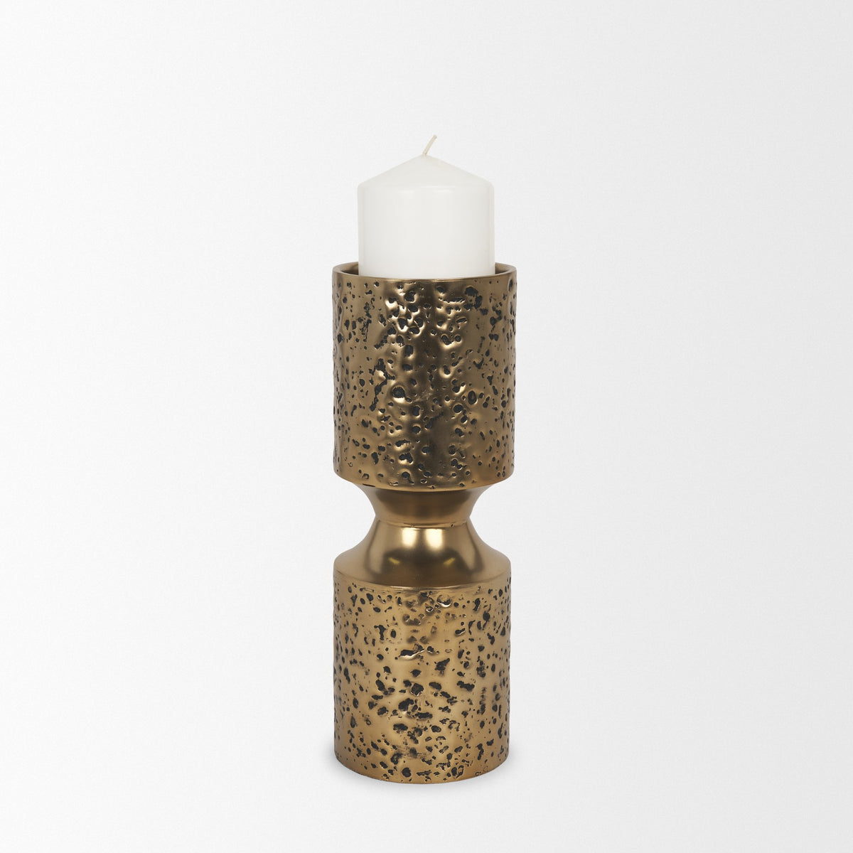 Akira Small Hammered Gold Metal Pillar Candle Holder-Table Candle Holders-DECOROLALA