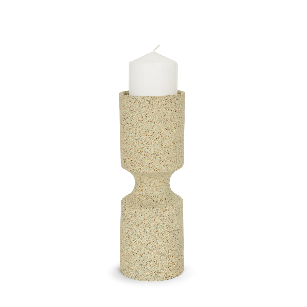Akira Small Textured Beige Metal Pillar Candle Holder-Table Candle Holders-DECOROLALA