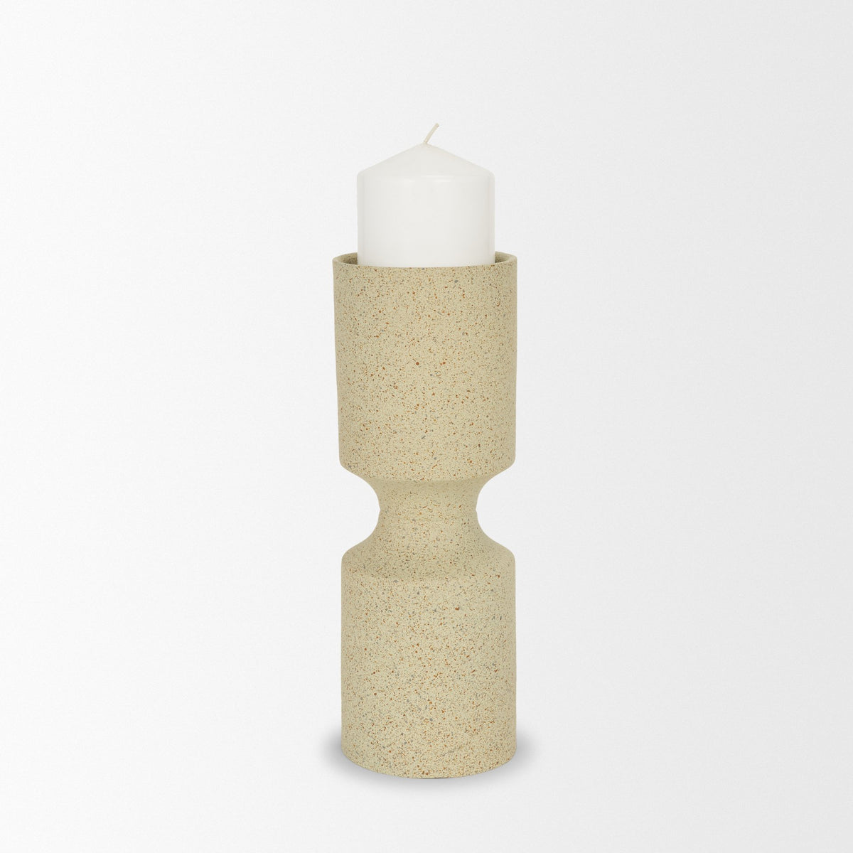 Akira Small Textured Beige Metal Pillar Candle Holder-Table Candle Holders-DECOROLALA