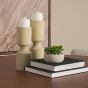 Akira Small Textured Beige Metal Pillar Candle Holder-Table Candle Holders-DECOROLALA