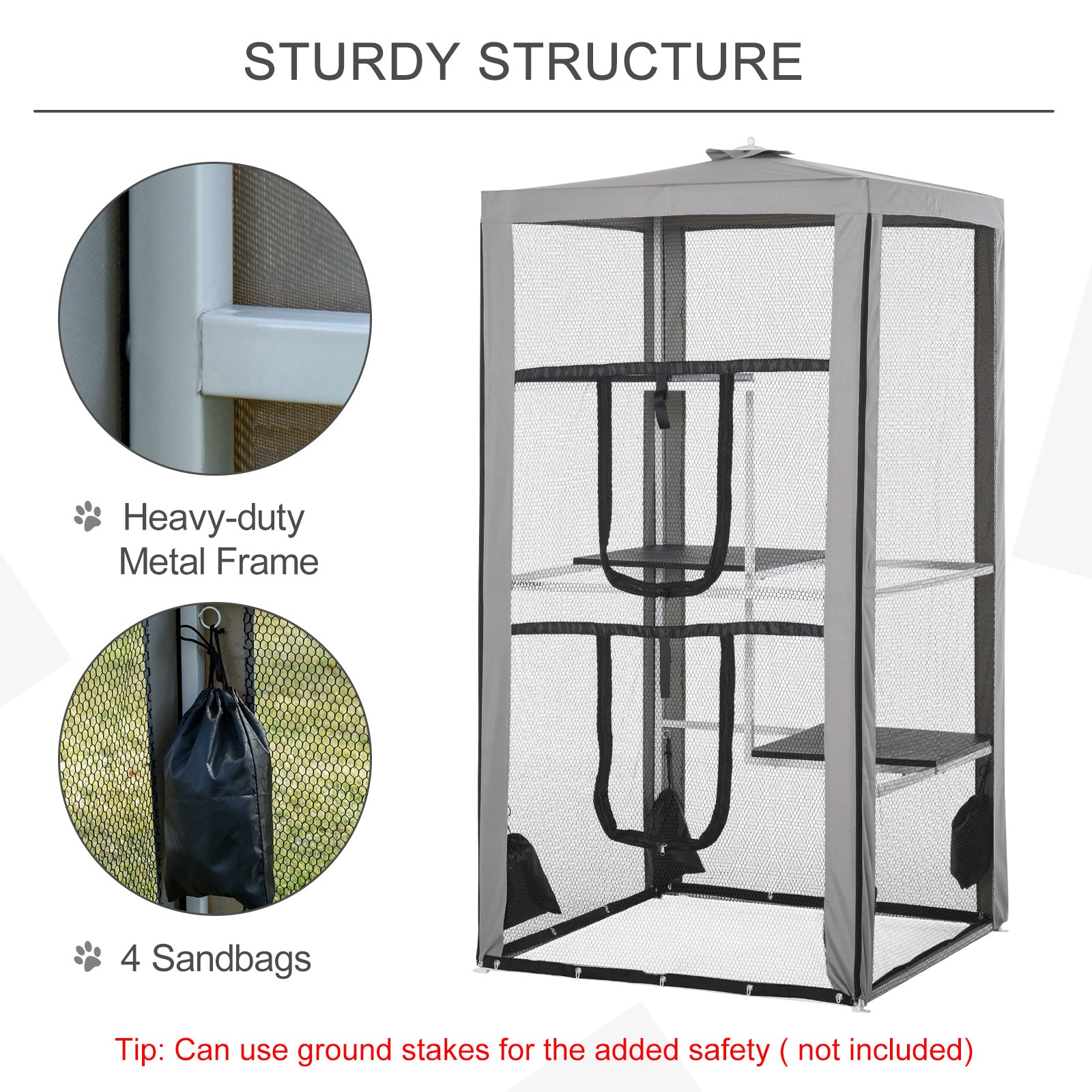 79"H Catio Outdoor Cat Enclosure, Steel Frame Cat Cage with 3 Platforms, 2 Doors and 4 Sandbags for Stability