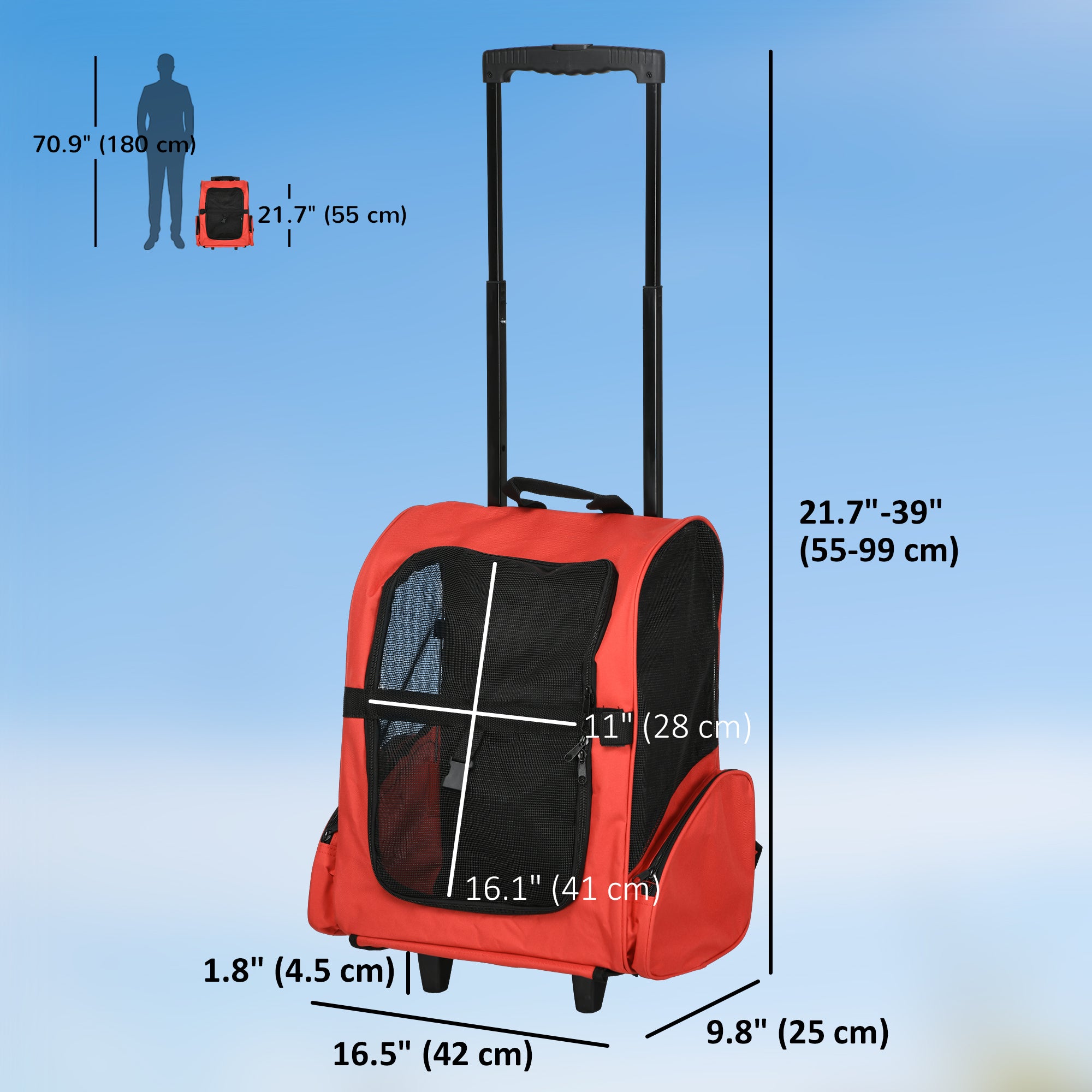 2-IN-1 Pet Luggage Box Backpack Carrier Cats Dogs w/ Handle, Rolling Wheel Red