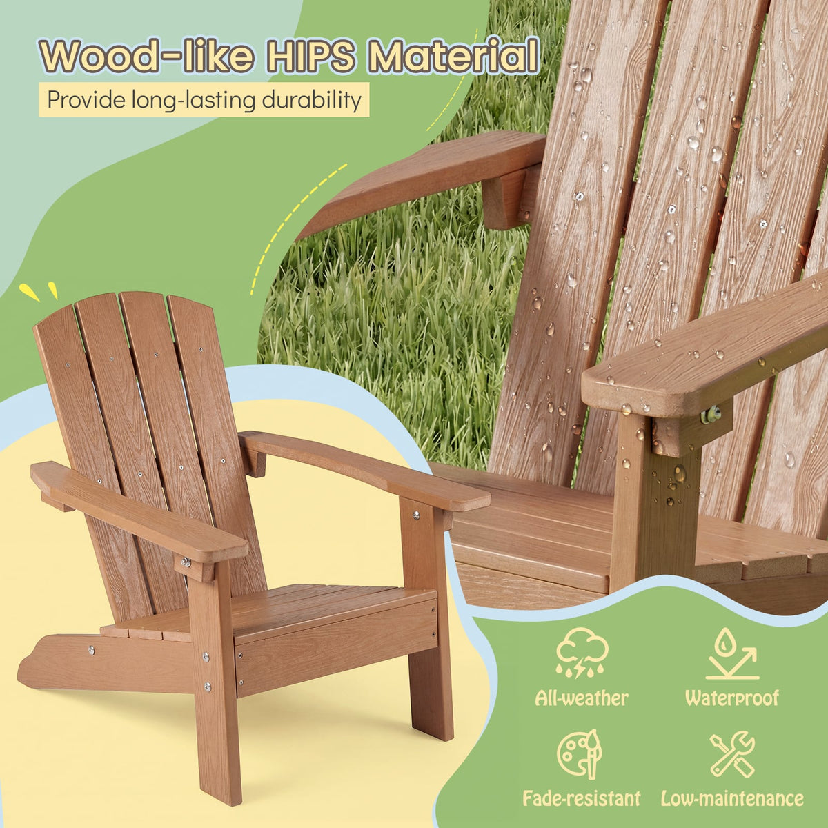 All-Weather HDPE Kid's Adirondack Chair with with High Backrest and Armrests-Natural-Kids Chairs-DECOROLALA