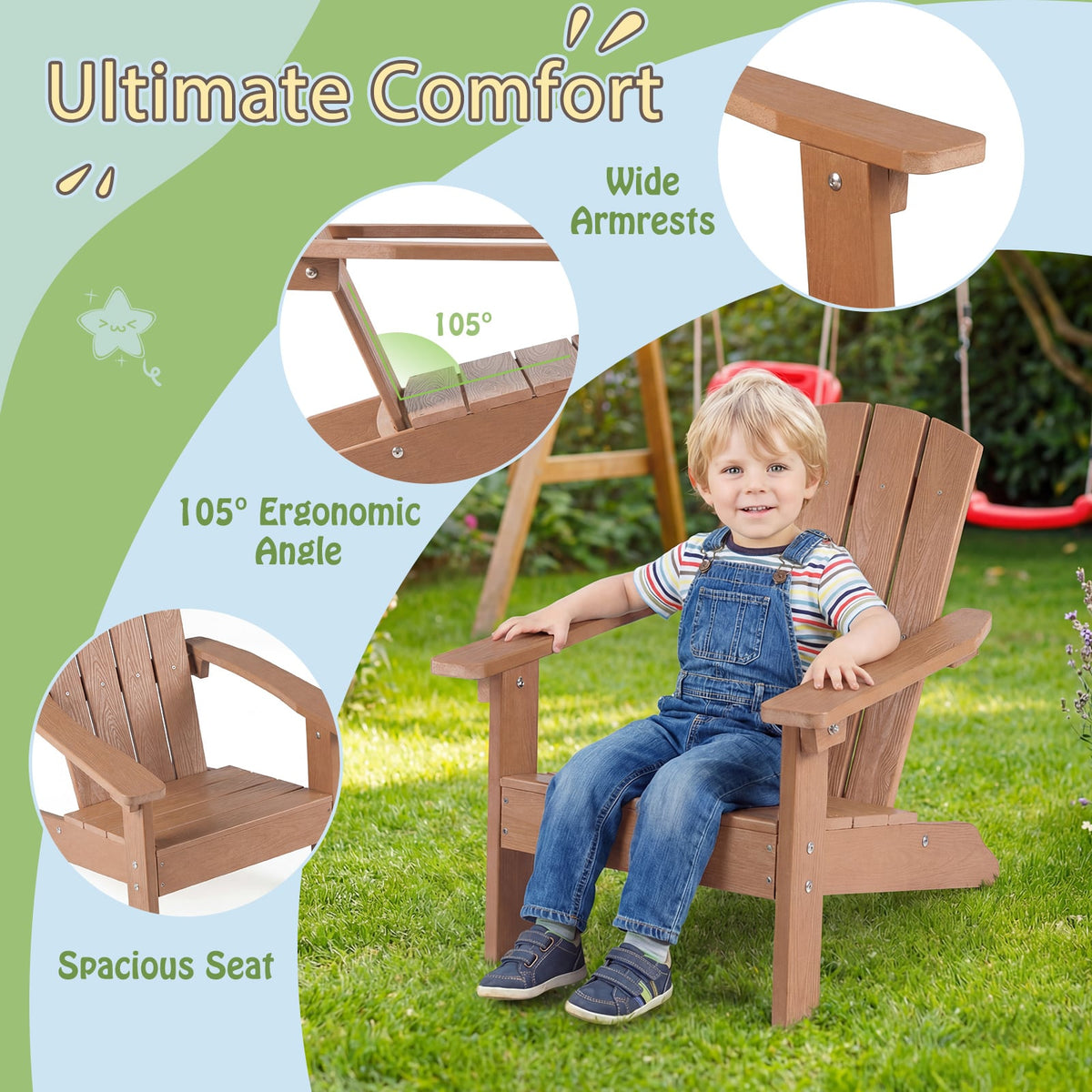 All-Weather HDPE Kid's Adirondack Chair with with High Backrest and Armrests-Natural-Kids Chairs-DECOROLALA