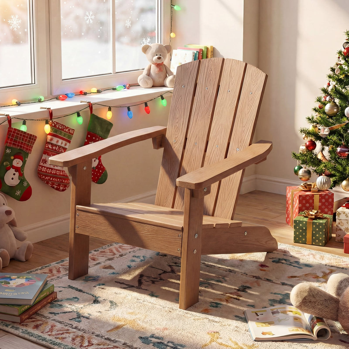 All-Weather HDPE Kid's Adirondack Chair with with High Backrest and Armrests-Natural-Kids Chairs-DECOROLALA