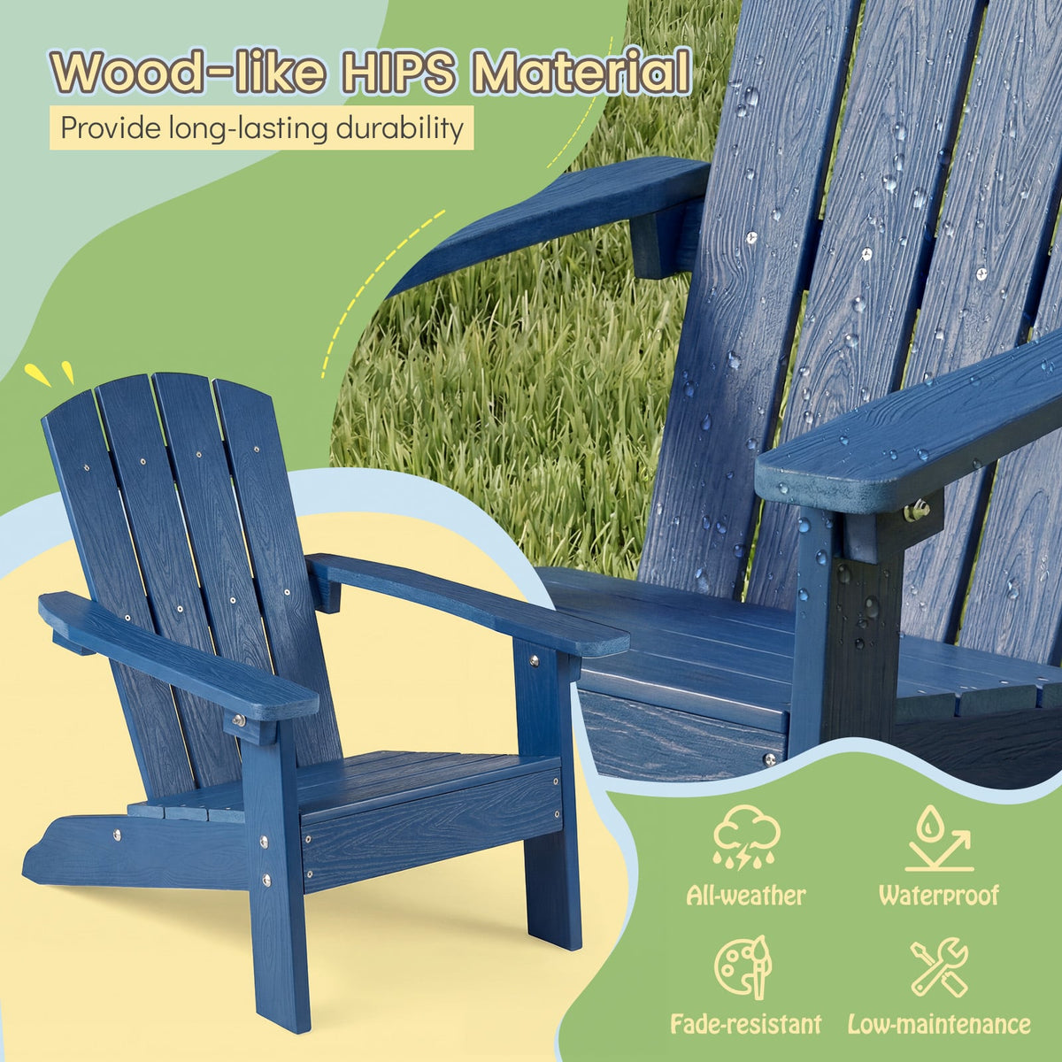 All-Weather HIPS Kid's Adirondack Chair with with High Backrest and Armrests-Blue-Kids Chairs-DECOROLALA