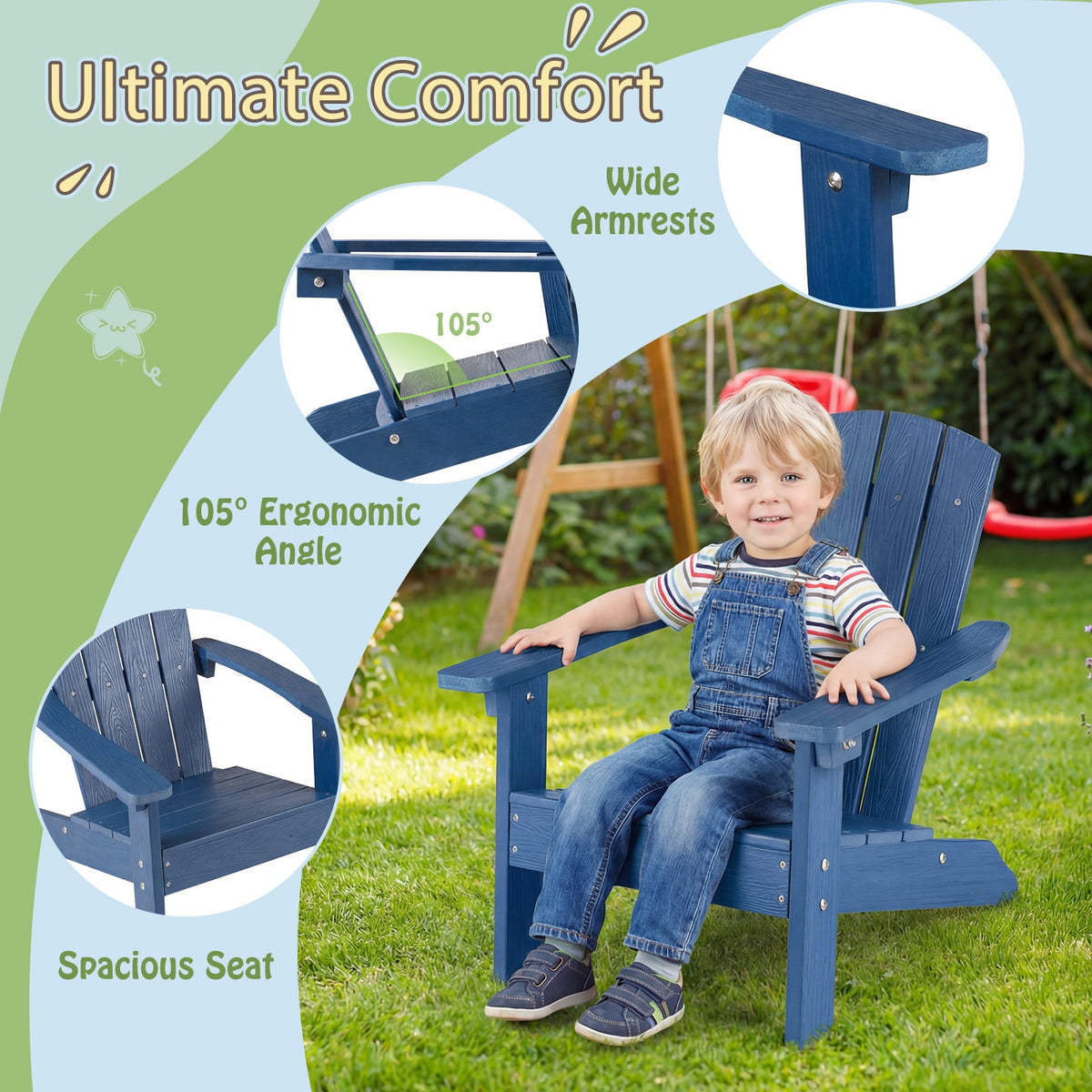 All-Weather HIPS Kid's Adirondack Chair with with High Backrest and Armrests-Blue-Kids Chairs-DECOROLALA