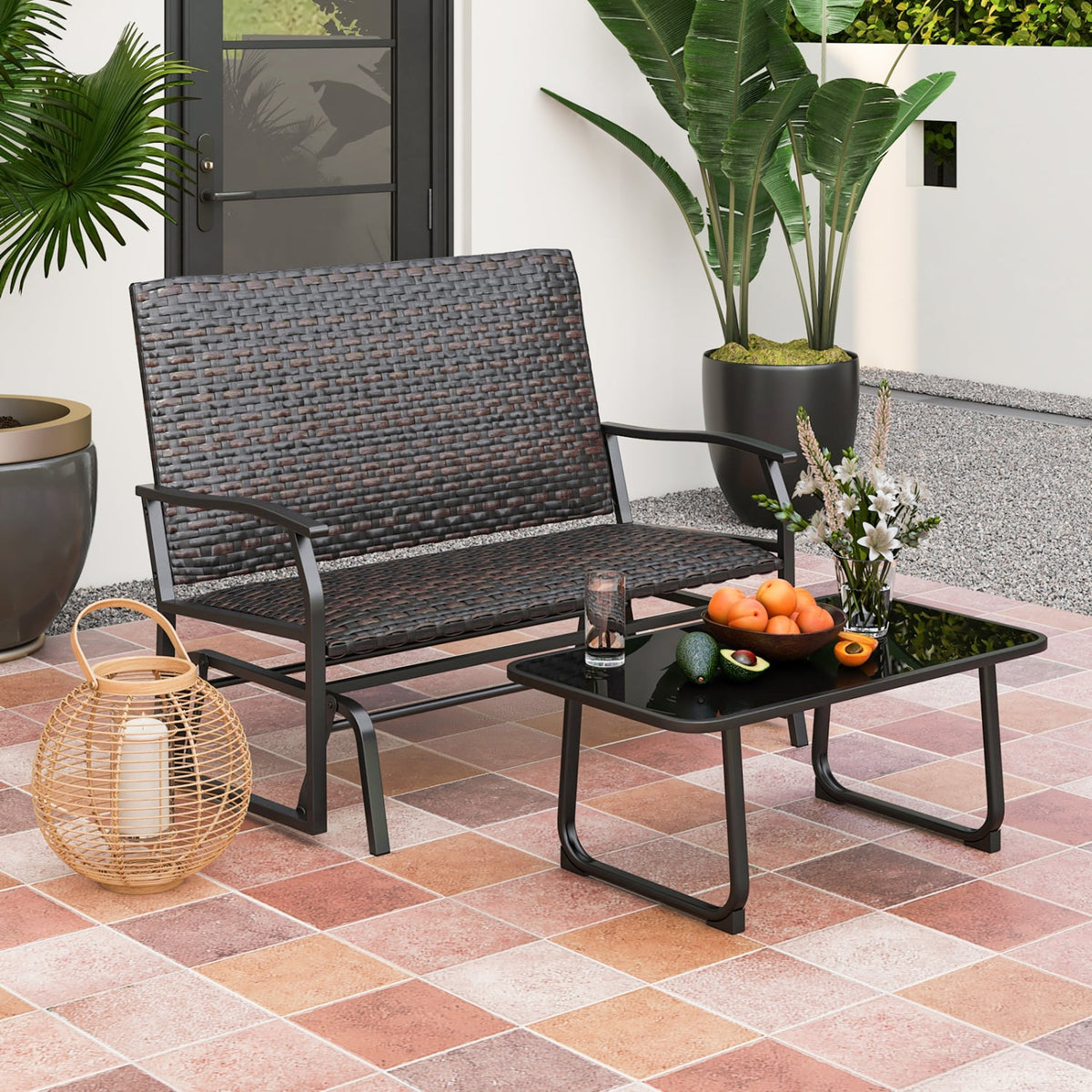 All Weather Outdoor 2-Person Swing Glider Bench with Quick Dry Foam Seat-Brown-Outdoor Benches-DECOROLALA