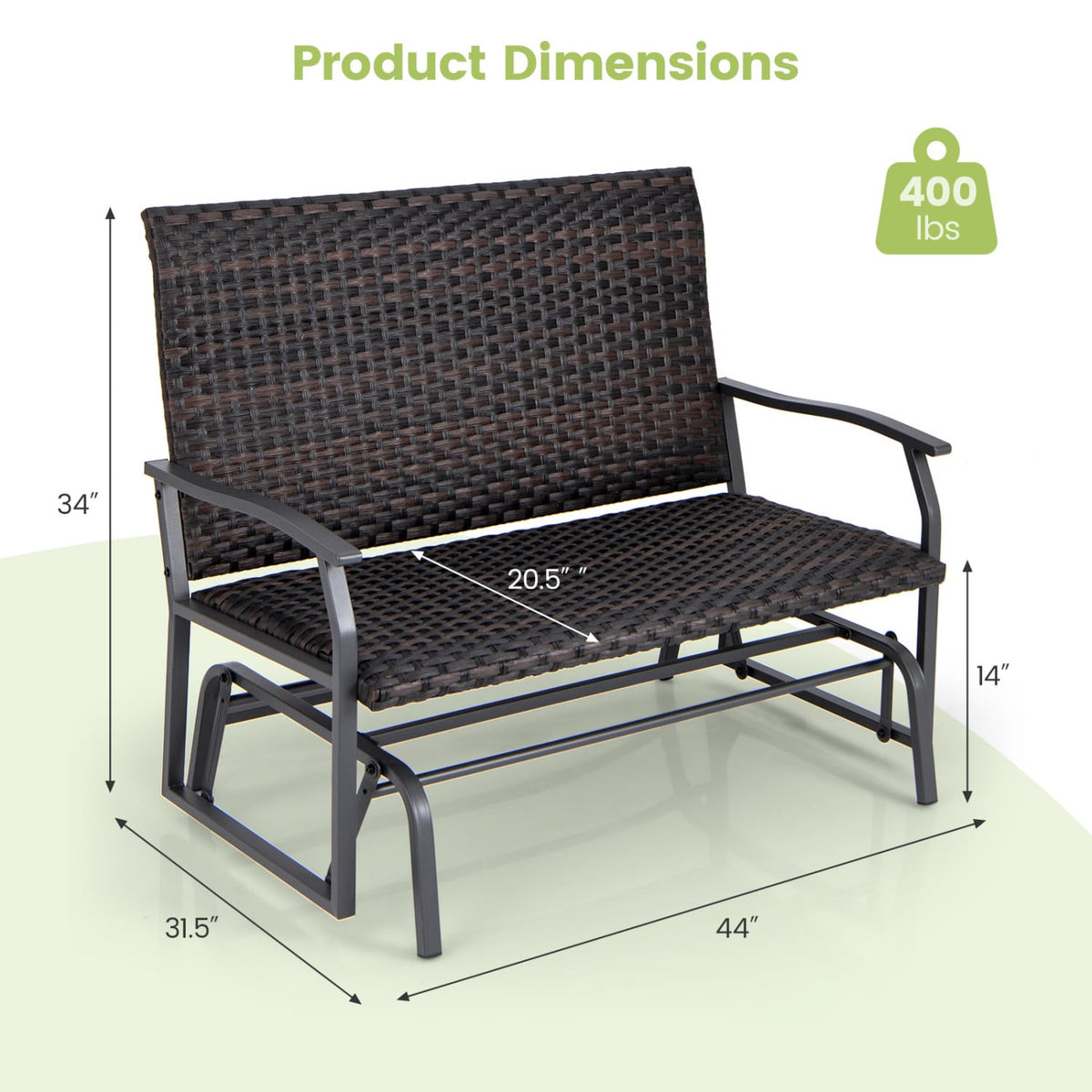 All Weather Outdoor 2-Person Swing Glider Bench with Quick Dry Foam Seat-Brown-Outdoor Benches-DECOROLALA
