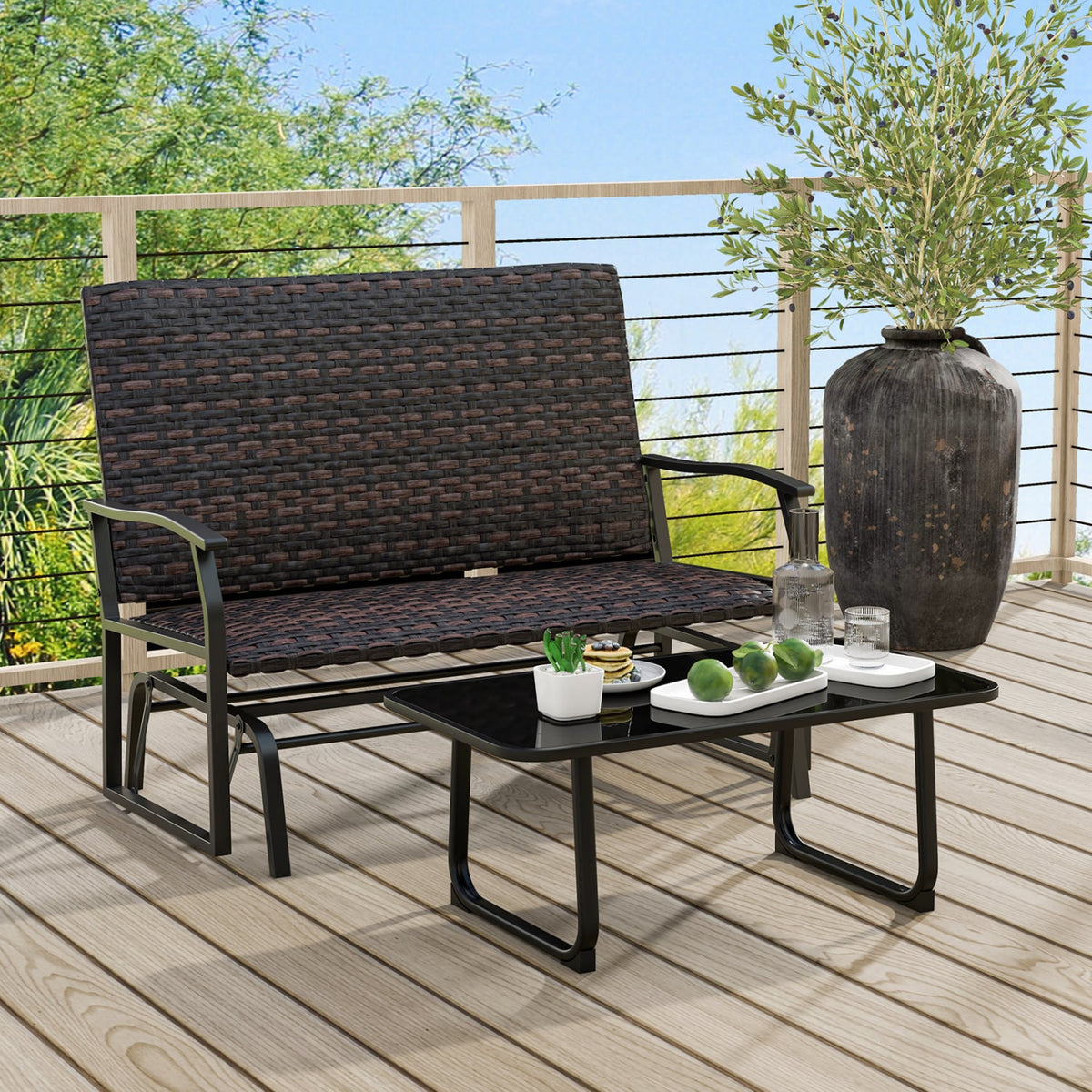 All Weather Outdoor 2-Person Swing Glider Bench with Quick Dry Foam Seat-Brown-Outdoor Benches-DECOROLALA