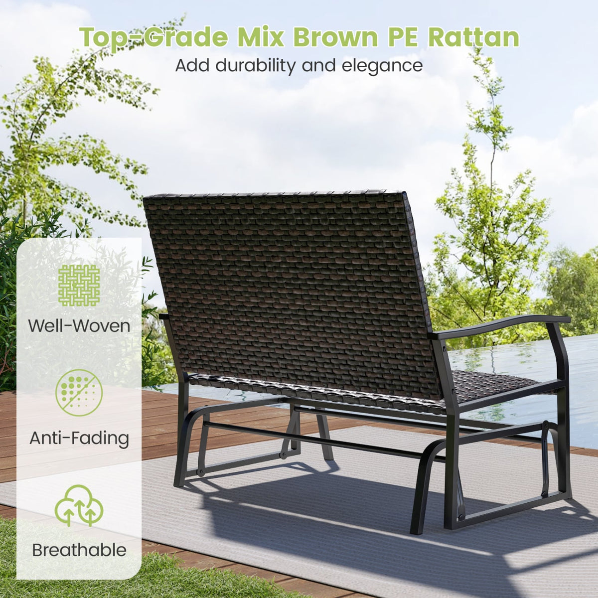 All Weather Outdoor 2-Person Swing Glider Bench with Quick Dry Foam Seat-Brown-Outdoor Benches-DECOROLALA
