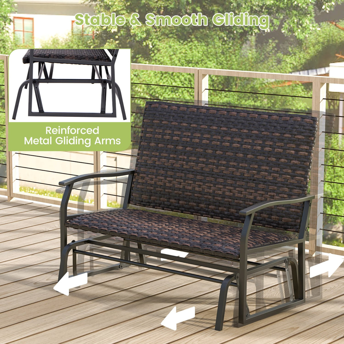 All Weather Outdoor 2-Person Swing Glider Bench with Quick Dry Foam Seat-Brown-Outdoor Benches-DECOROLALA