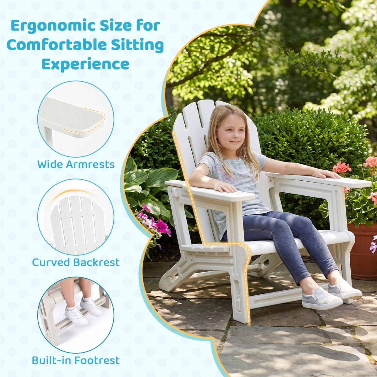 All-Weather Outdoor Kids Patio Seating with Ergonomic Design-White-Adirondack Chairs-DECOROLALA