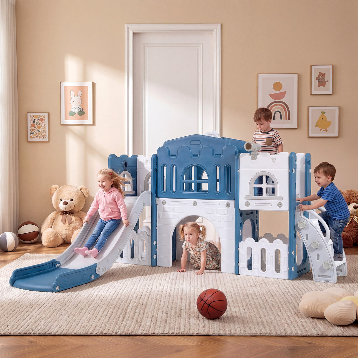 All-in-1 Toddler Slide Playset Playground with Tunnel and Ladder and Basketball