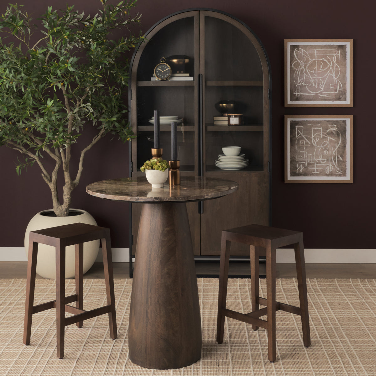 Allyson 32" Round Pedestal Dining Table | Savar Pink Marble & Wood | Seats 2-Dining Tables-DECOROLALA
