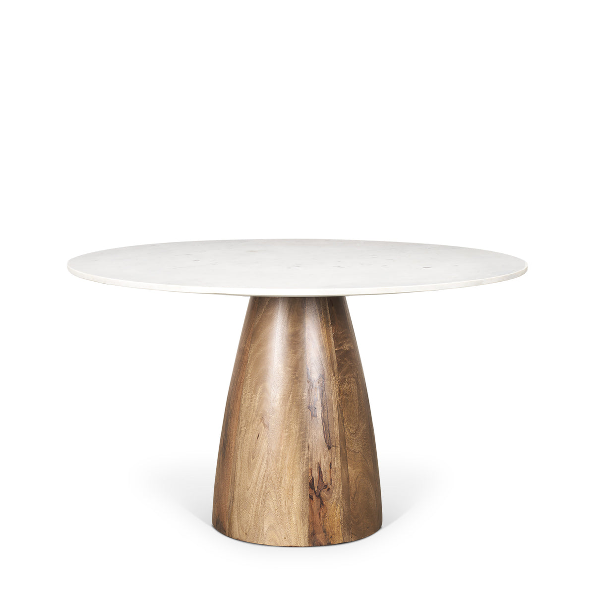 Allyson 48" Round Pedestal Dining Table | Banswara White Marble & Brown Wood | Seats 4-Dining Tables-DECOROLALA