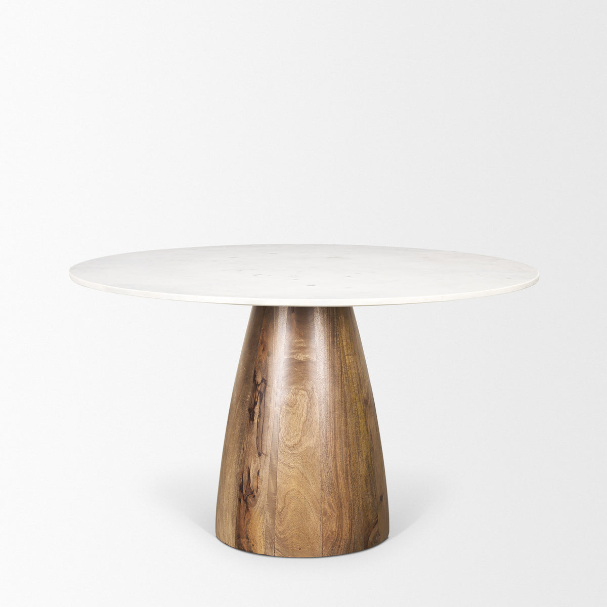 Allyson 48" Round Pedestal Dining Table | Banswara White Marble & Brown Wood | Seats 4-Dining Tables-DECOROLALA
