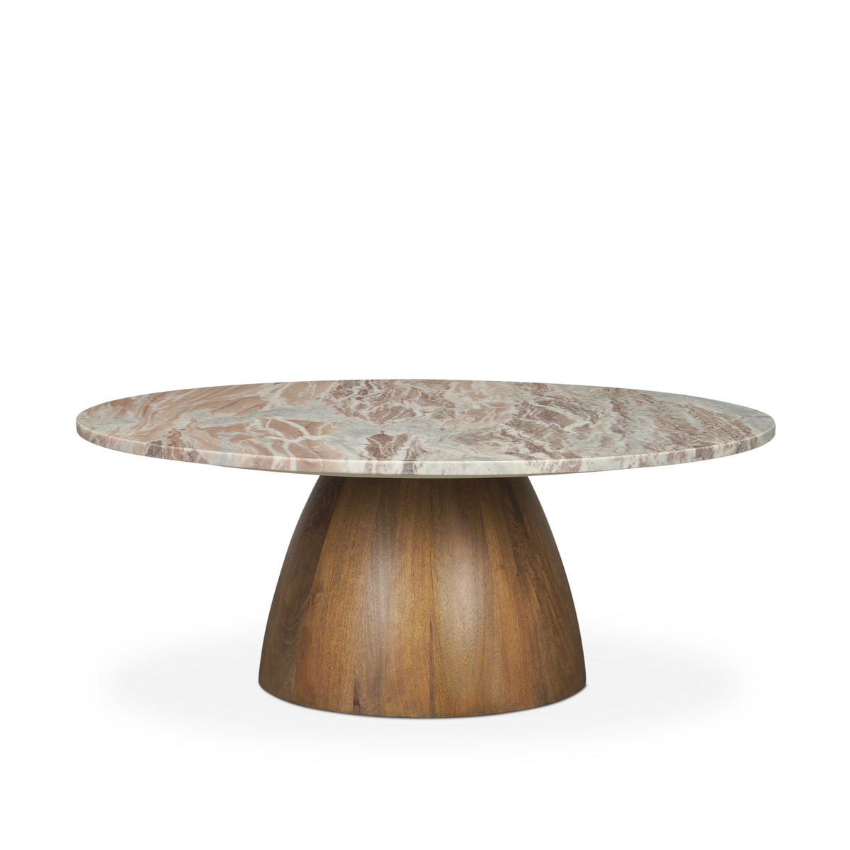 Allyson Round Brown Pedestal w/Savar Pink Marble Top Coffee Table-Coffee Tables-DECOROLALA