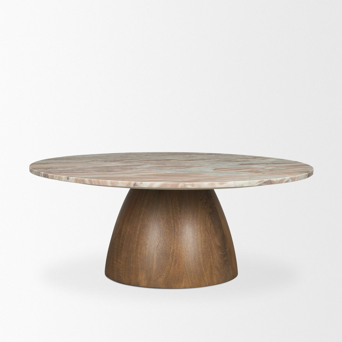 Allyson Round Brown Pedestal w/Savar Pink Marble Top Coffee Table-Coffee Tables-DECOROLALA