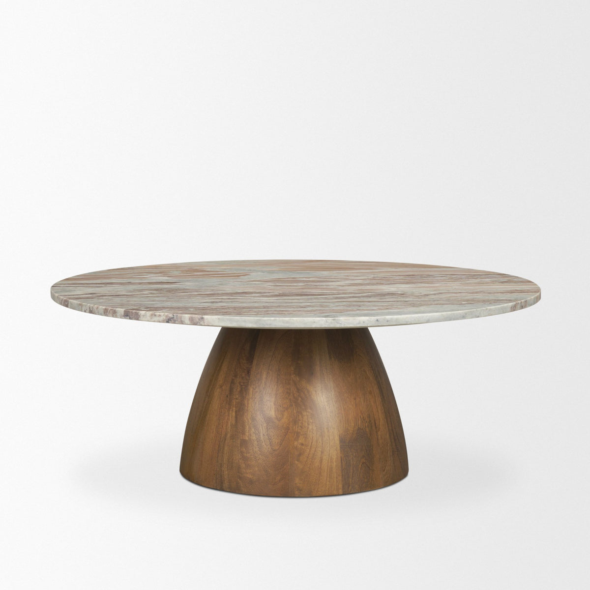Allyson Round Brown Pedestal w/Savar Pink Marble Top Coffee Table-Coffee Tables-DECOROLALA
