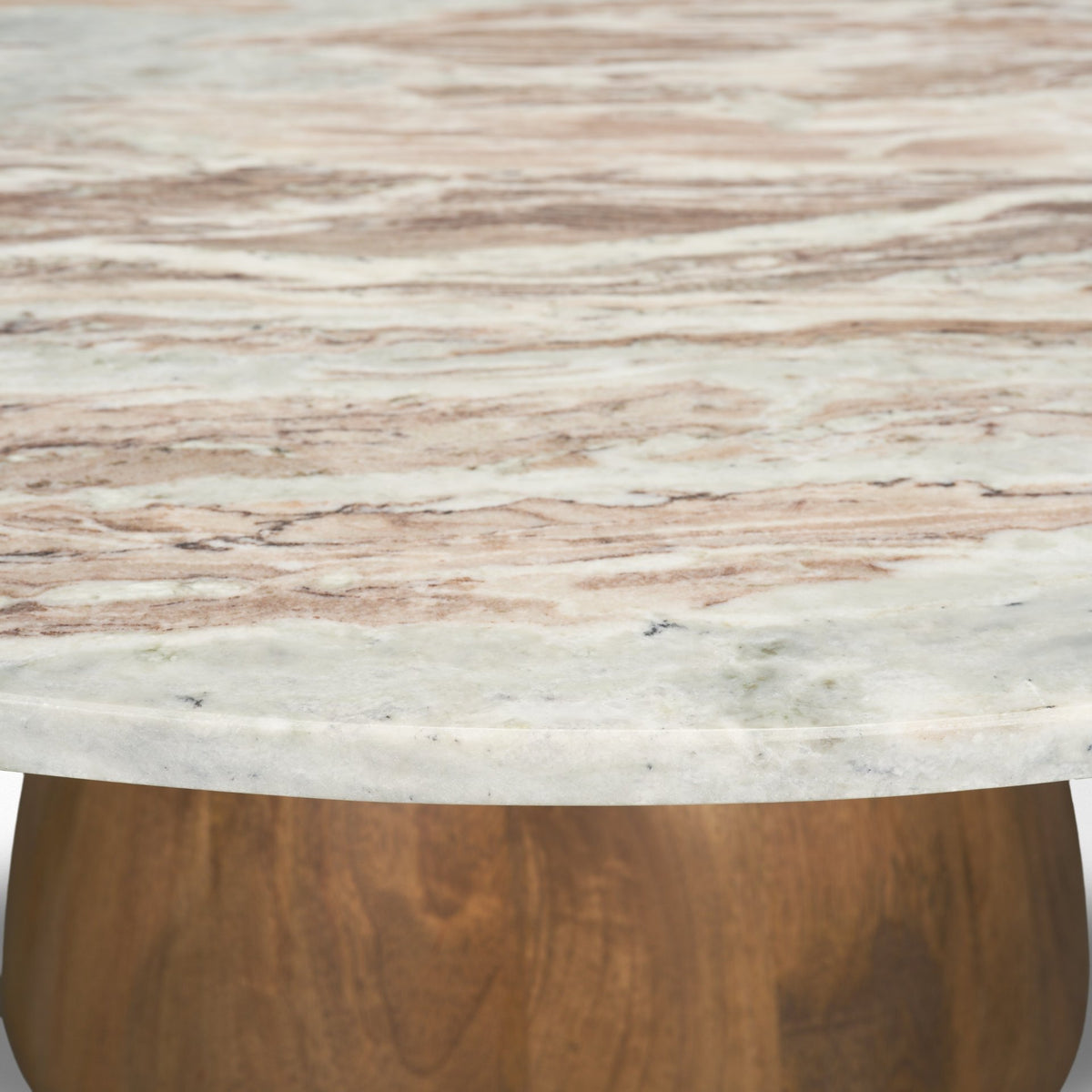 Allyson Round Brown Pedestal w/Savar Pink Marble Top Coffee Table-Coffee Tables-DECOROLALA