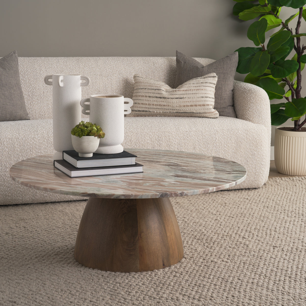 Allyson Round Brown Pedestal w/Savar Pink Marble Top Coffee Table-Coffee Tables-DECOROLALA