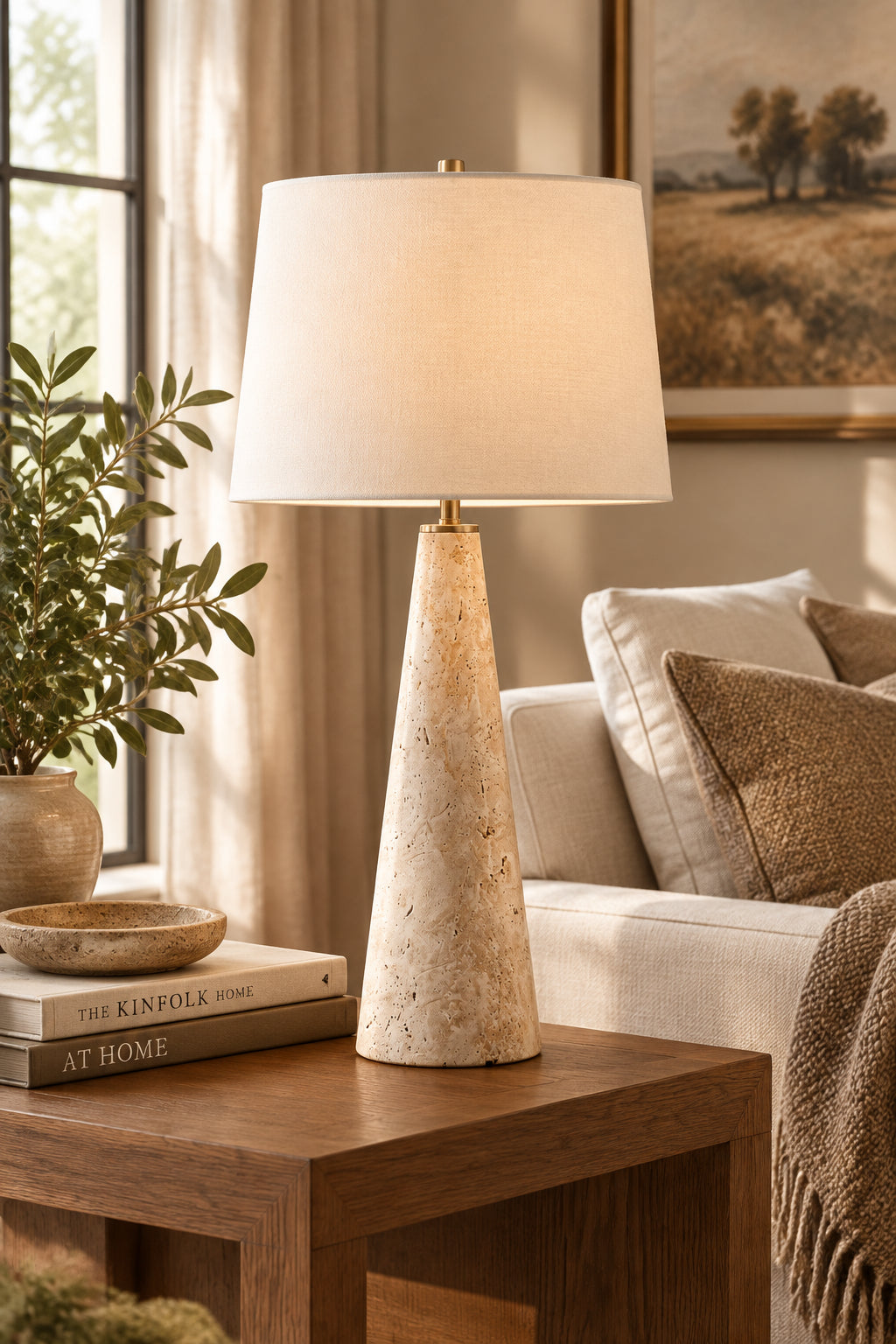 Almeria 28.5" Travertine Table Lamp, Beige-Table Lamps-DECOROLALA