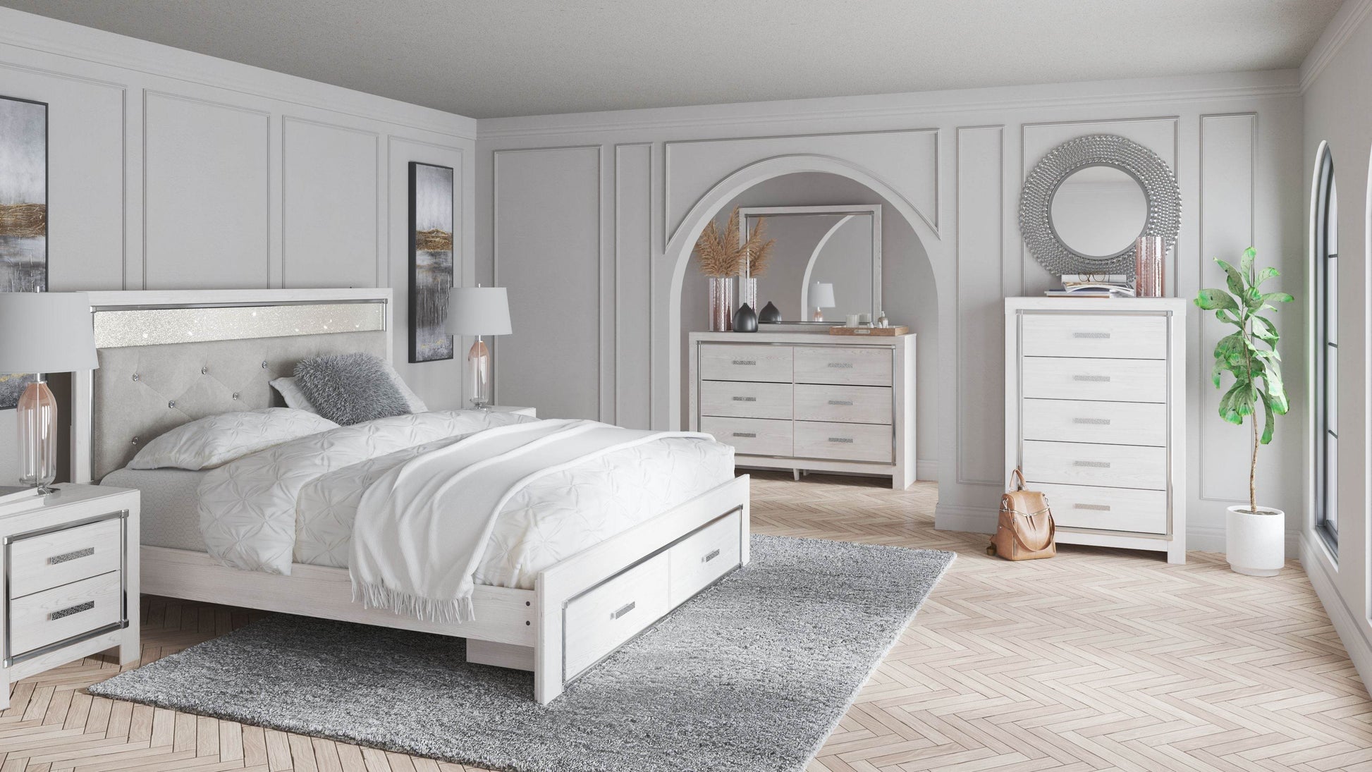 Altyra King Upholstered Storage Bed Set - White-7 Piece Bedroom Sets-DECOROLALA