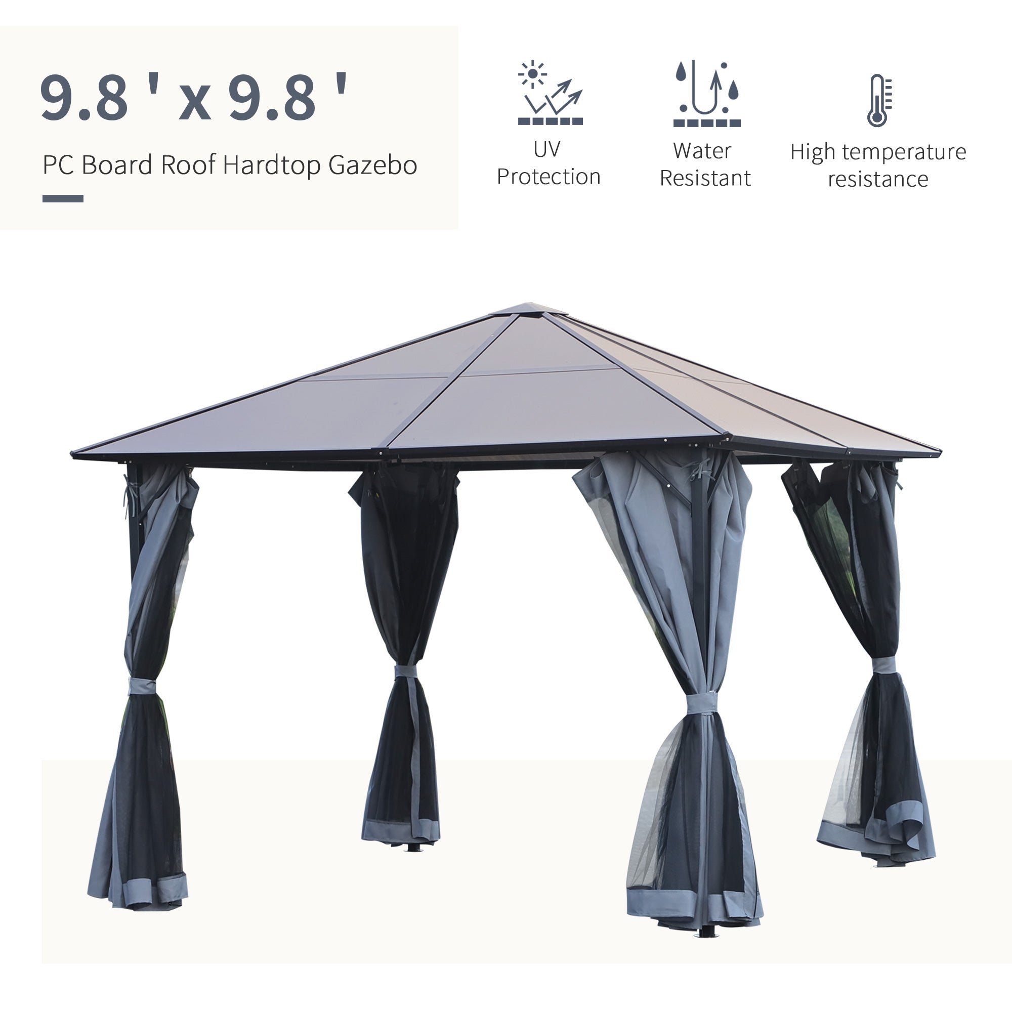 Aluminum Gazebo 9.8'x9.8' Hardtop Grey-DECOROLALA