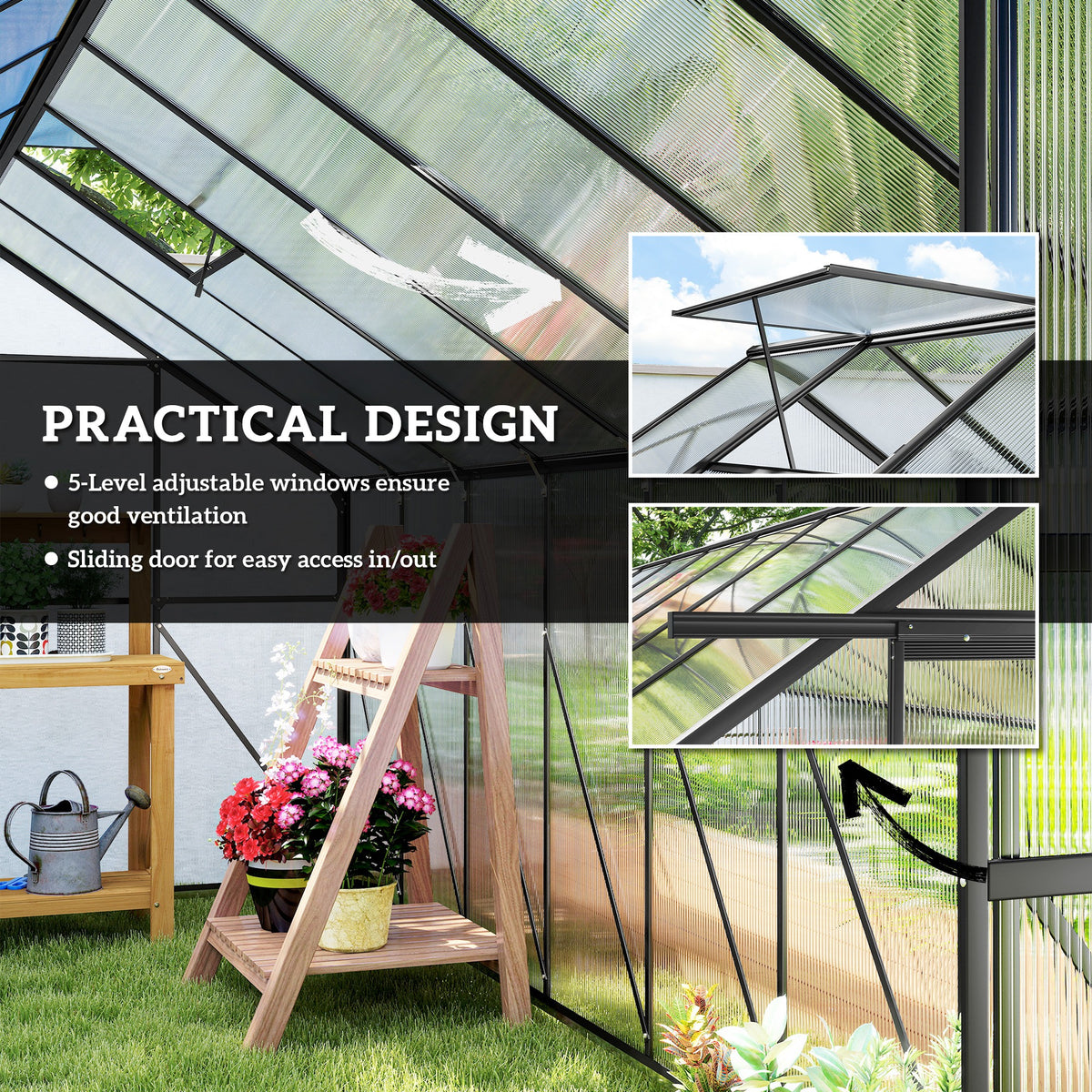 Aluminum Greenhouse Polycarbonate Walk-in Garden Greenhouse Kit with Rain Gutter and Sliding Door, 16' x 8', Dark Grey-Walk-In Greenhouses-DECOROLALA