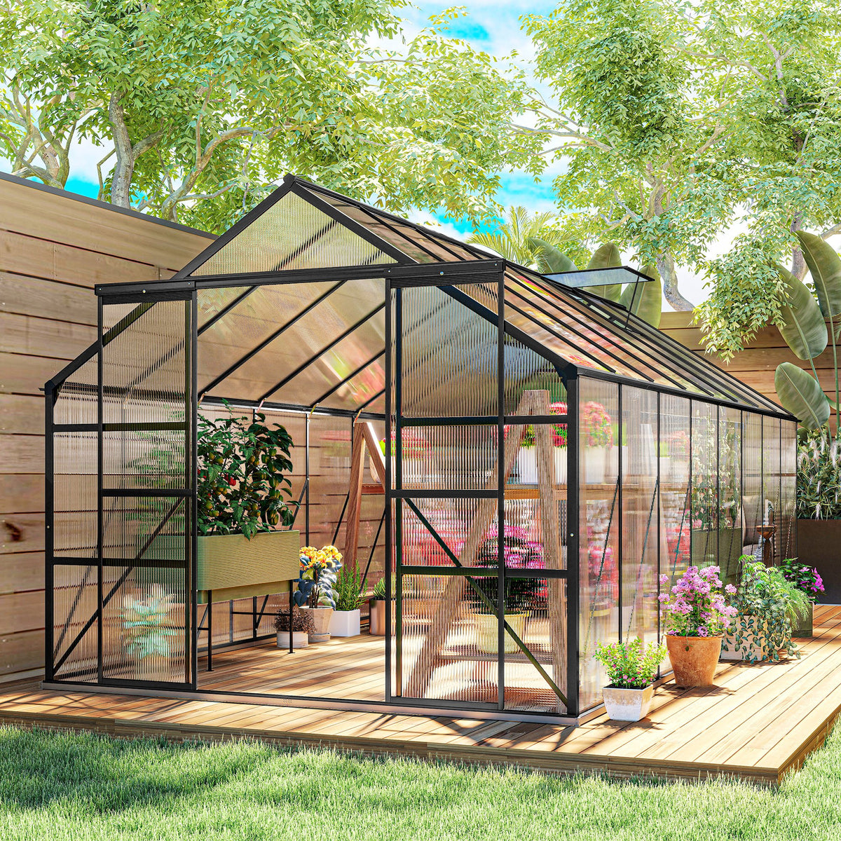 Aluminum Greenhouse Polycarbonate Walk-in Garden Greenhouse Kit with Rain Gutter and Sliding Door, 16' x 8', Dark Grey-Walk-In Greenhouses-DECOROLALA