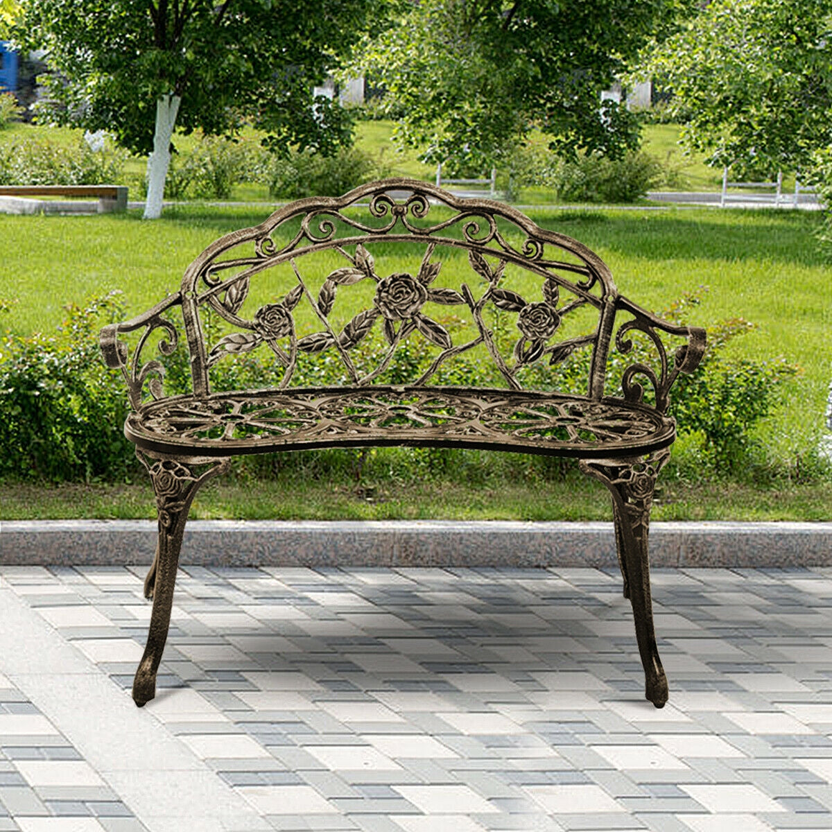 Aluminum Patio Outdoor Garden Bench Chair Loveseat Cast-Bronze-Outdoor Benches-DECOROLALA