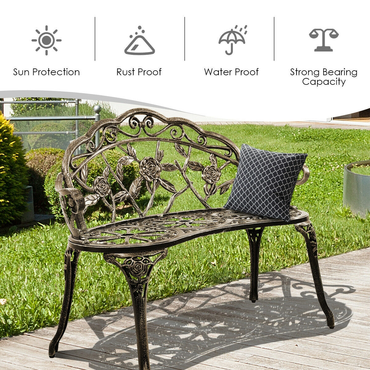 Aluminum Patio Outdoor Garden Bench Chair Loveseat Cast-Bronze-Outdoor Benches-DECOROLALA
