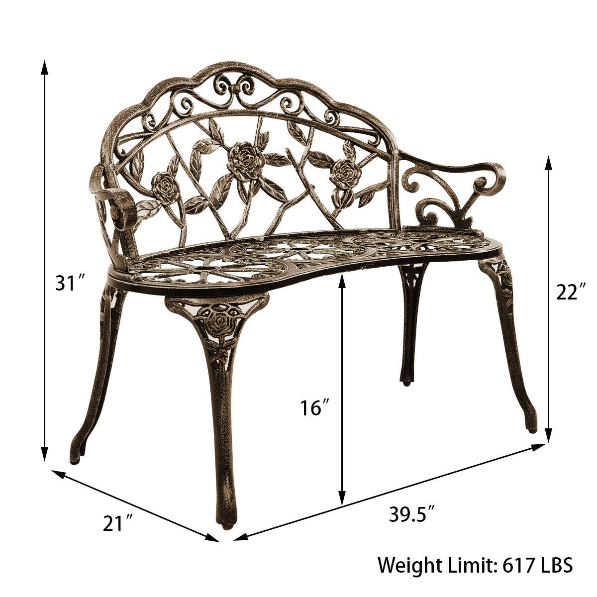 Aluminum Patio Outdoor Garden Bench Chair Loveseat Cast-Bronze-Outdoor Benches-DECOROLALA