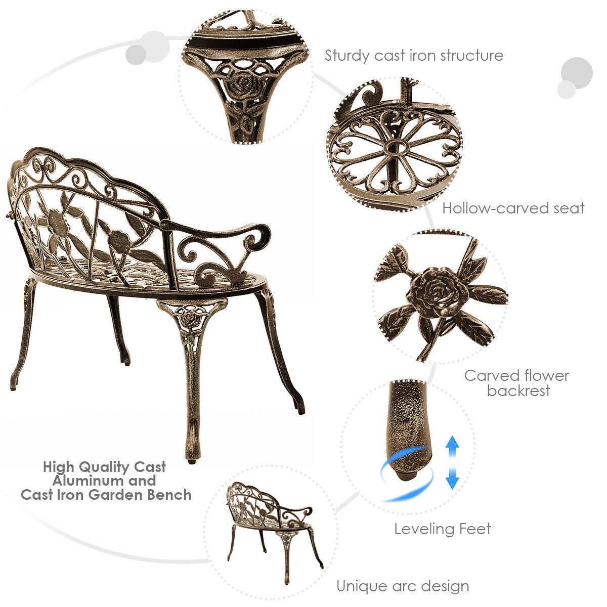 Aluminum Patio Outdoor Garden Bench Chair Loveseat Cast-Bronze-Outdoor Benches-DECOROLALA