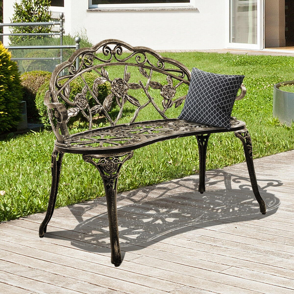 Aluminum Patio Outdoor Garden Bench Chair Loveseat Cast-Bronze-Outdoor Benches-DECOROLALA