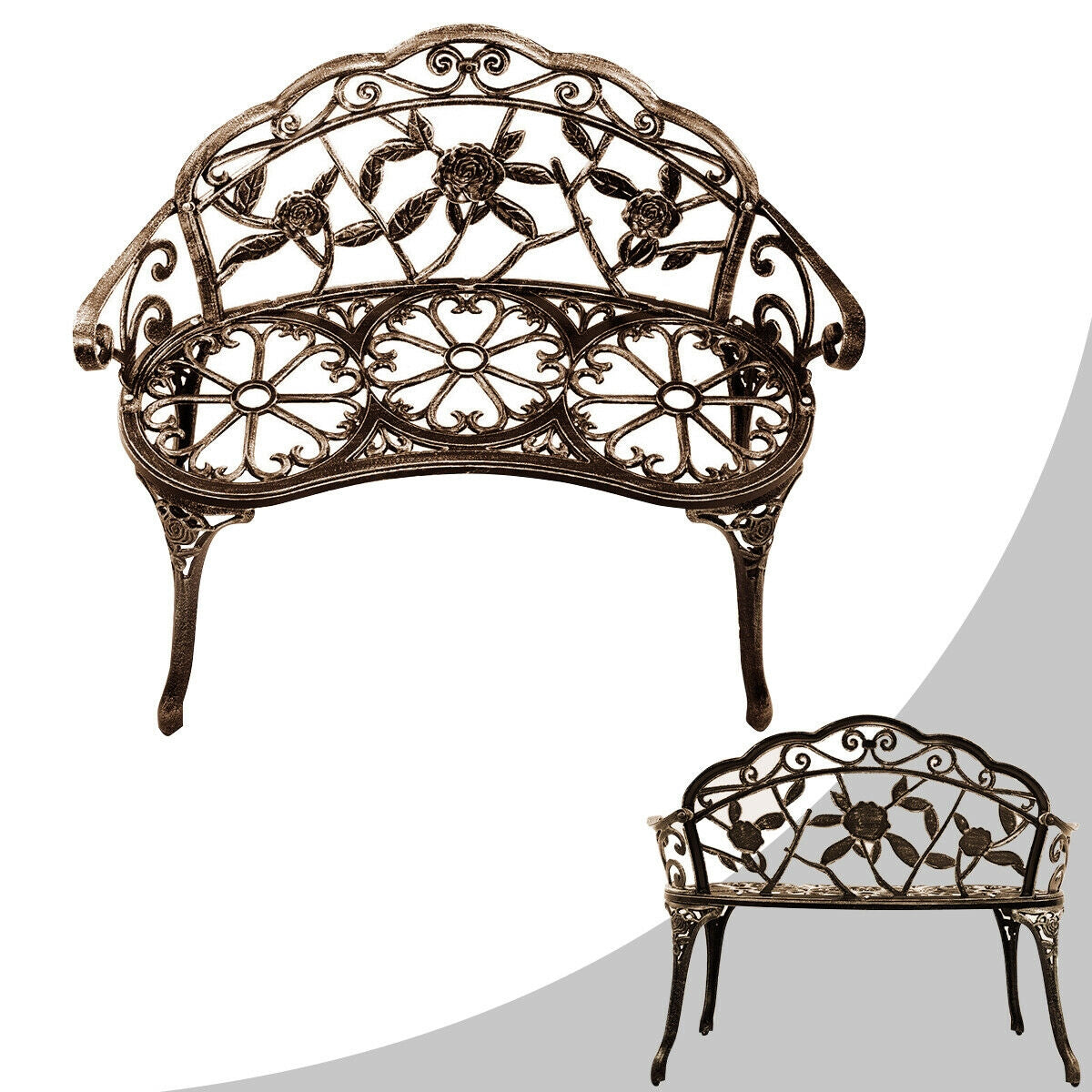 Aluminum Patio Outdoor Garden Bench Chair Loveseat Cast-Bronze-Outdoor Benches-DECOROLALA