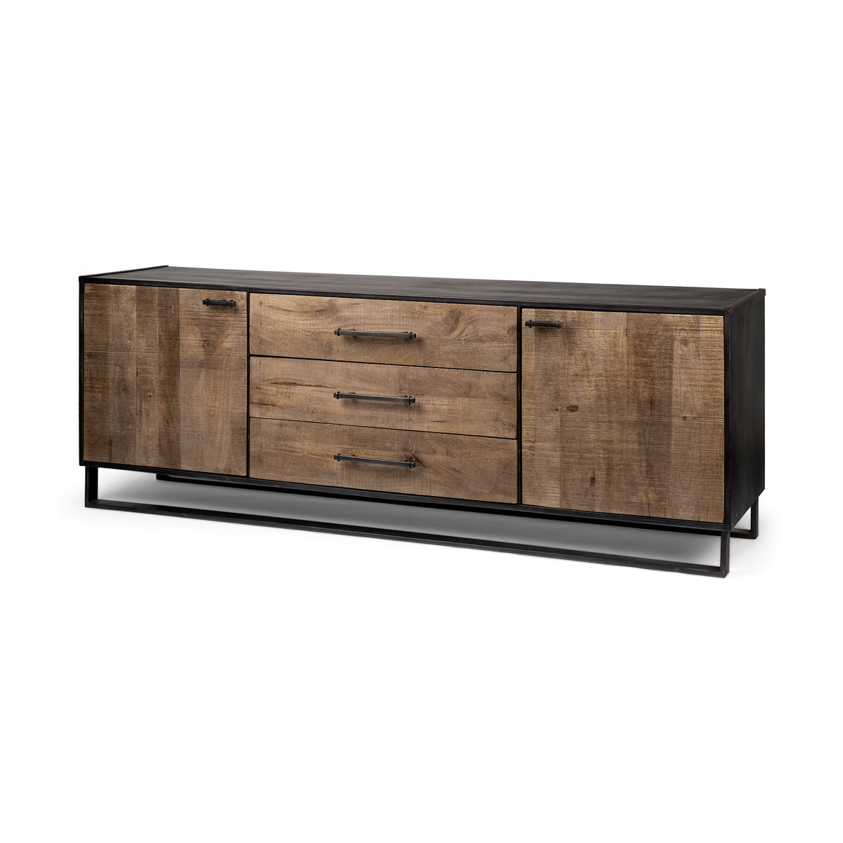 Alvin 82x20 Brown Solid Wood With Black Metal Frame 3 Drawer 2 Cabinet Door Sideboard-Sideboards & Buffets-DECOROLALA