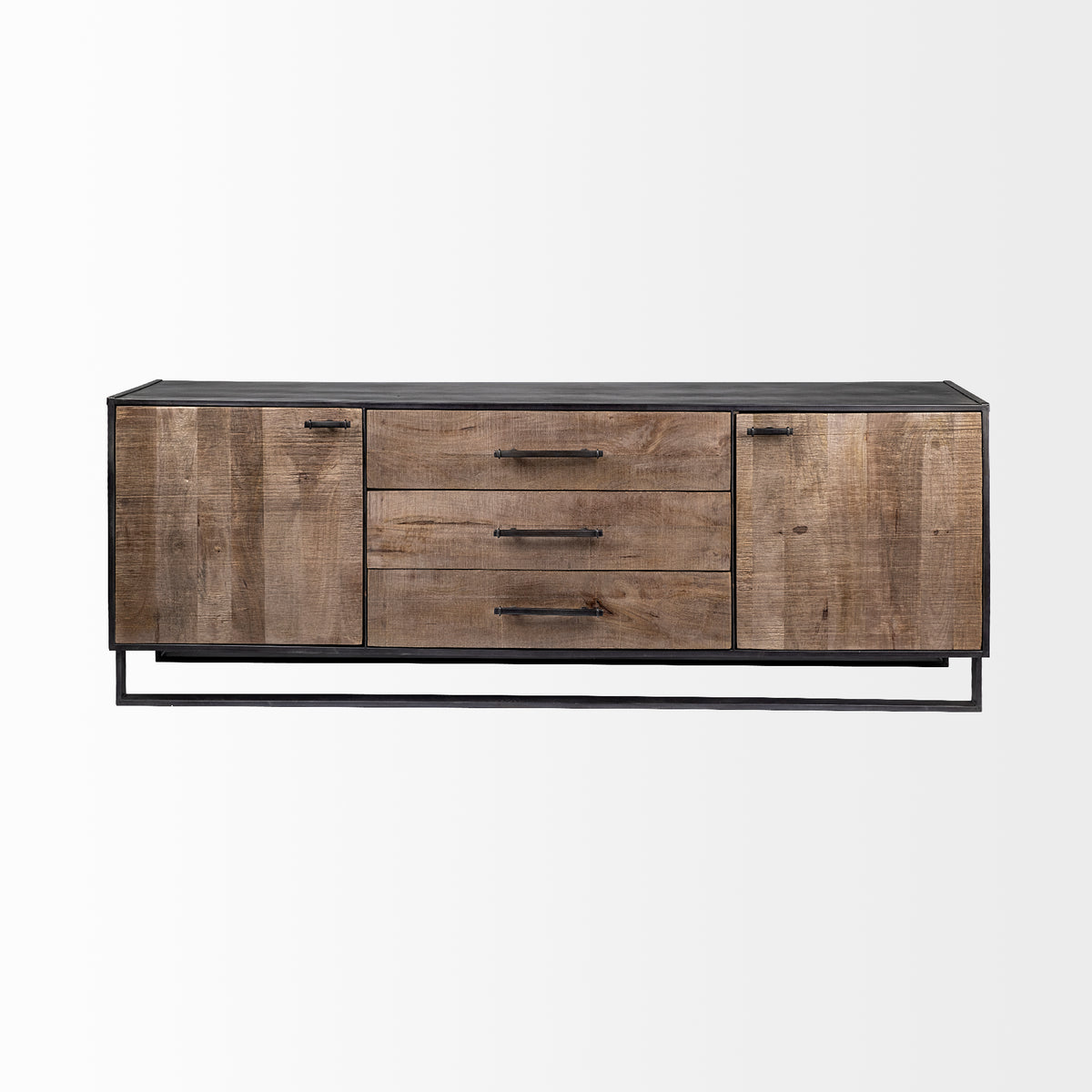 Alvin 82x20 Brown Solid Wood With Black Metal Frame 3 Drawer 2 Cabinet Door Sideboard-Sideboards & Buffets-DECOROLALA