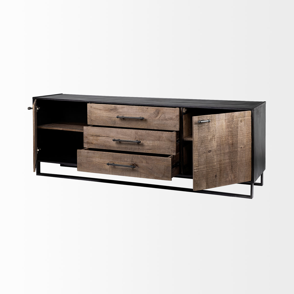 Alvin 82x20 Brown Solid Wood With Black Metal Frame 3 Drawer 2 Cabinet Door Sideboard-Sideboards & Buffets-DECOROLALA