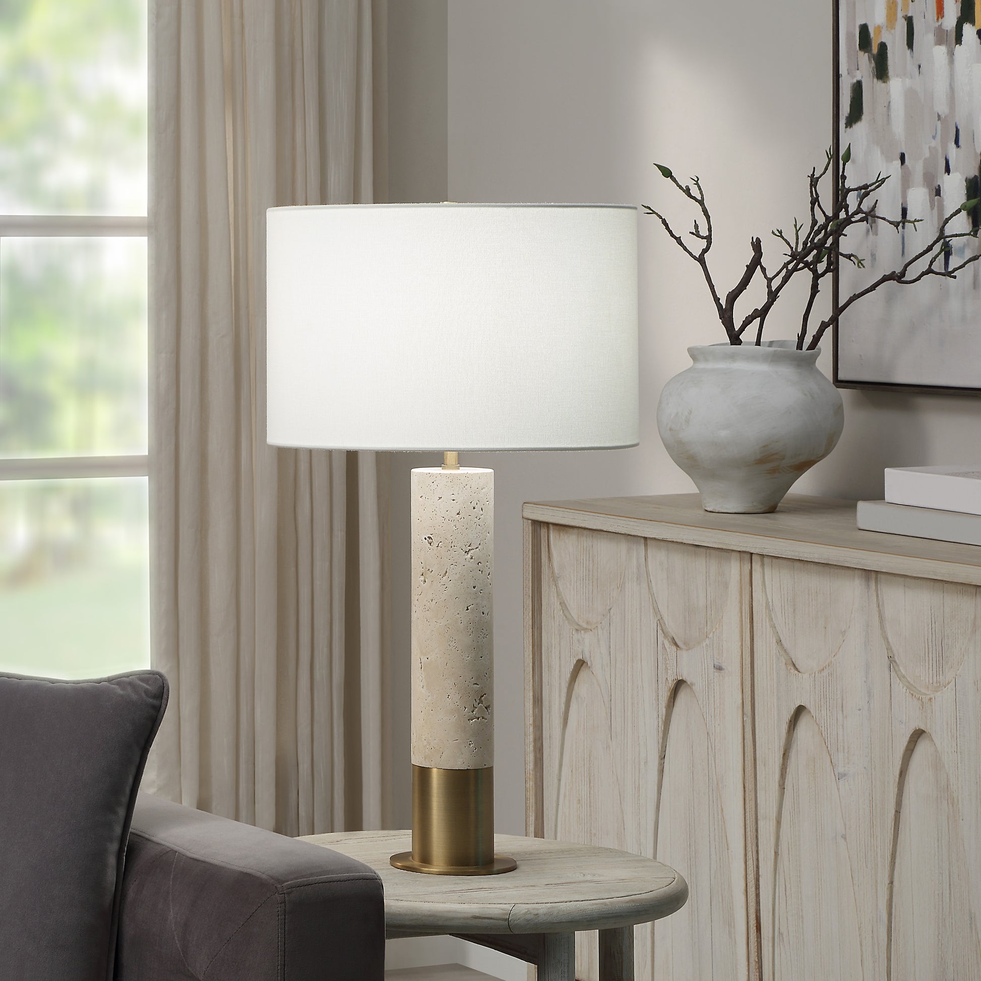 Amadora 27.75" Travertine Table Lamp, Beige Linen-Table Lamp-DECOROLALA
