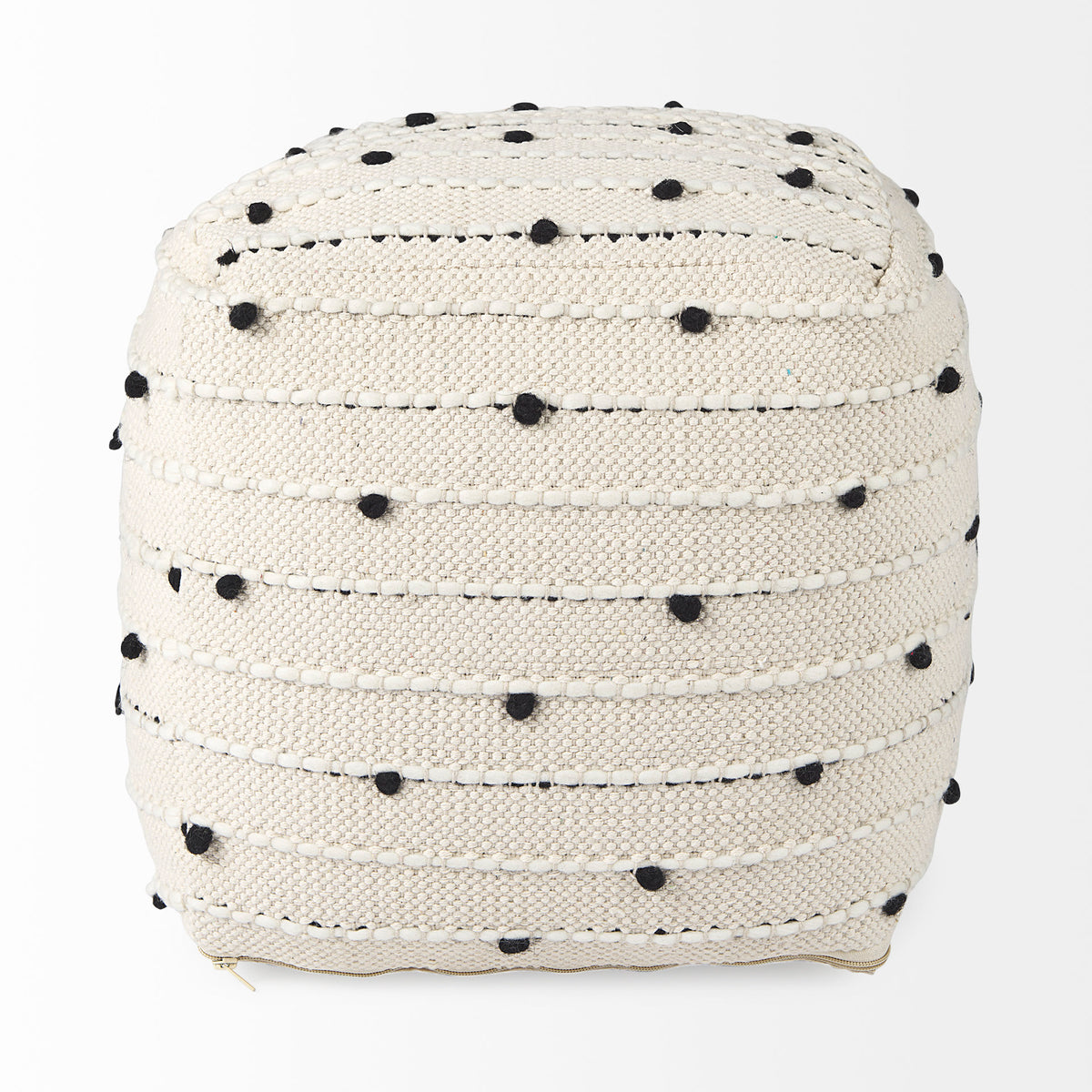Amaira 16.0L x 16.0W x 16.0H Cream/Black/White patterned Wool and Cotton Pouf-Poufs-DECOROLALA