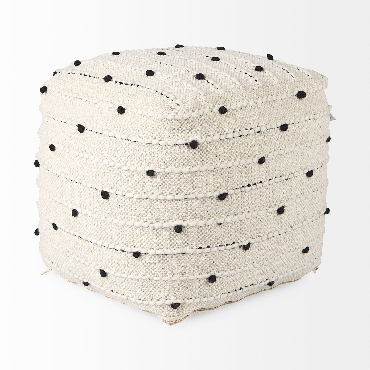 Amaira 16.0L x 16.0W x 16.0H Cream/Black/White patterned Wool and Cotton Pouf-Poufs-DECOROLALA
