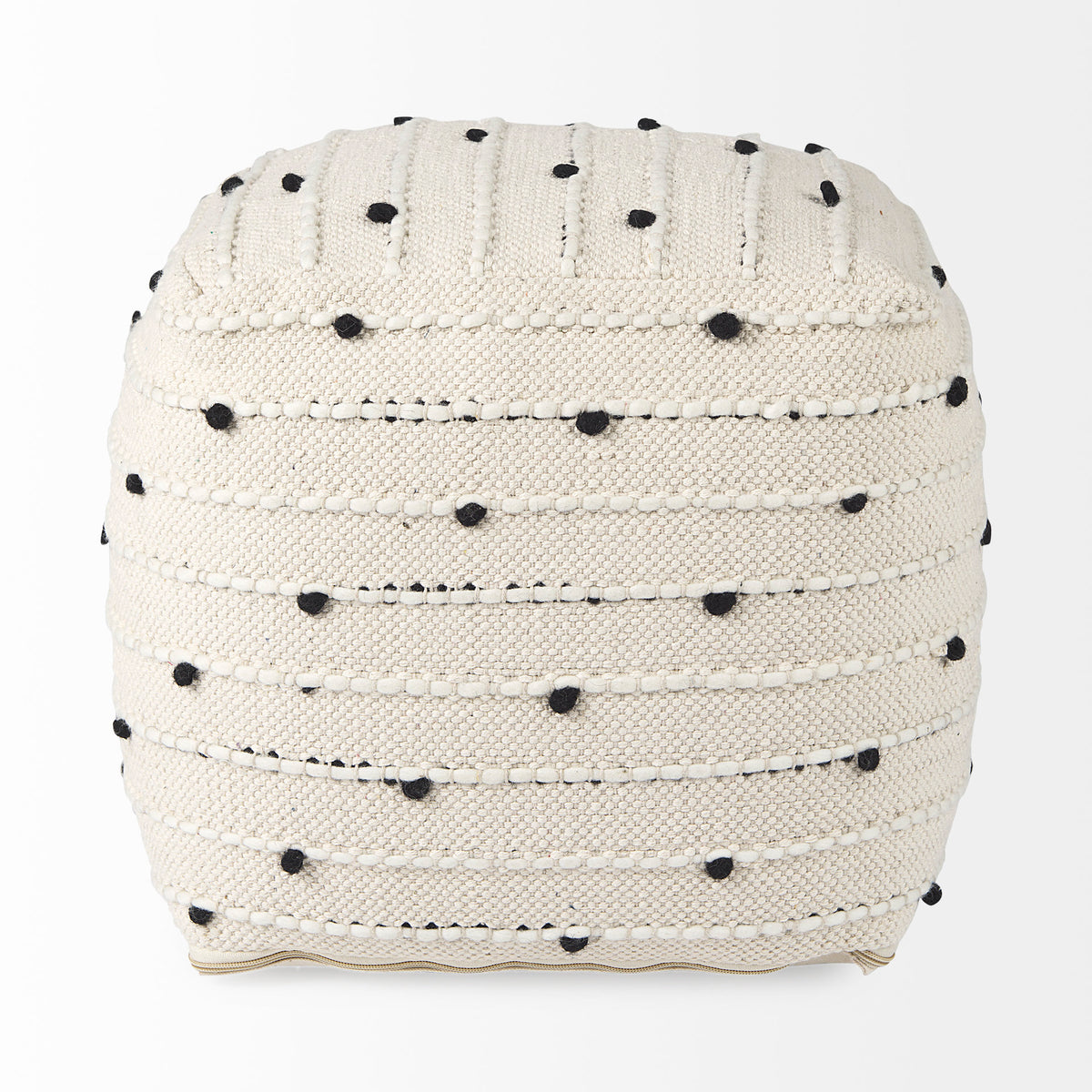 Amaira 16.0L x 16.0W x 16.0H Cream/Black/White patterned Wool and Cotton Pouf-Poufs-DECOROLALA